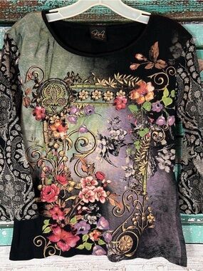 Y2k Vintage Women’s boho Black Floral Scroll Long-Sleeve Tee sz M